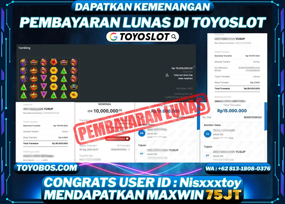 TOYOSLOT - BUKTI KEMENANGAN Gates Of Olympus 1000x Rp75,000,000,- LUNAS